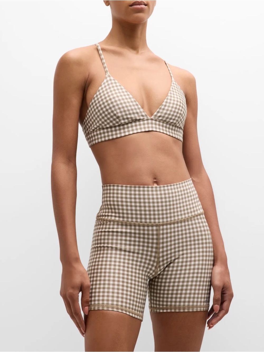 ALO Yoga SET Airlift Gingham Bralette & High-Rise Bike Shorts in Cream and Tan